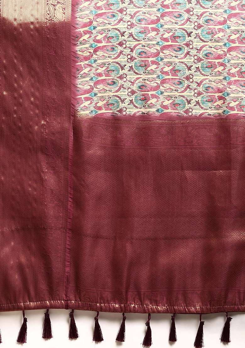 Off White Digital Print Kanchipuram Pattu Silk Blend Saree With Blouse - Indya