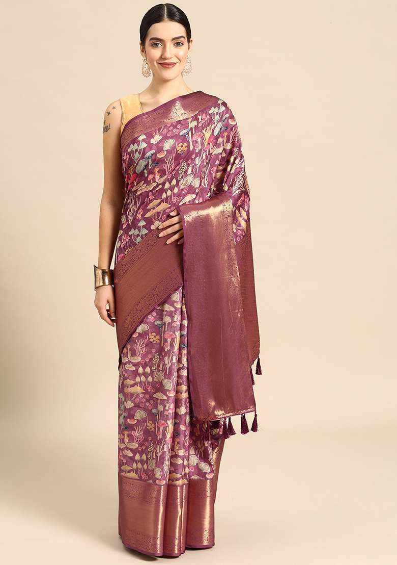 Purple Digital Print Kanchipuram Pattu Silk Blend Saree With Blouse - Indya