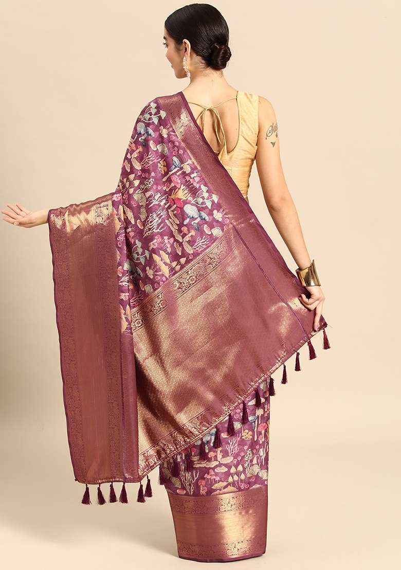 Purple Digital Print Kanchipuram Pattu Silk Blend Saree With Blouse - Indya