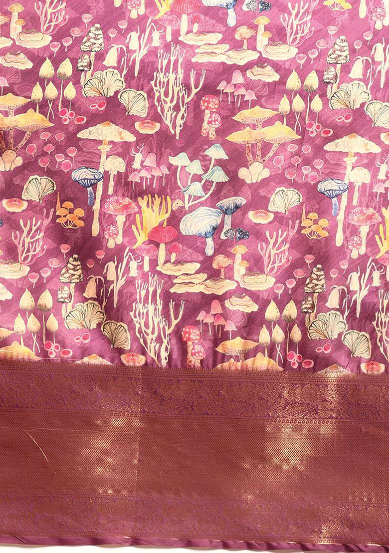 Purple Digital Print Kanchipuram Pattu Silk Blend Saree With Blouse - Indya