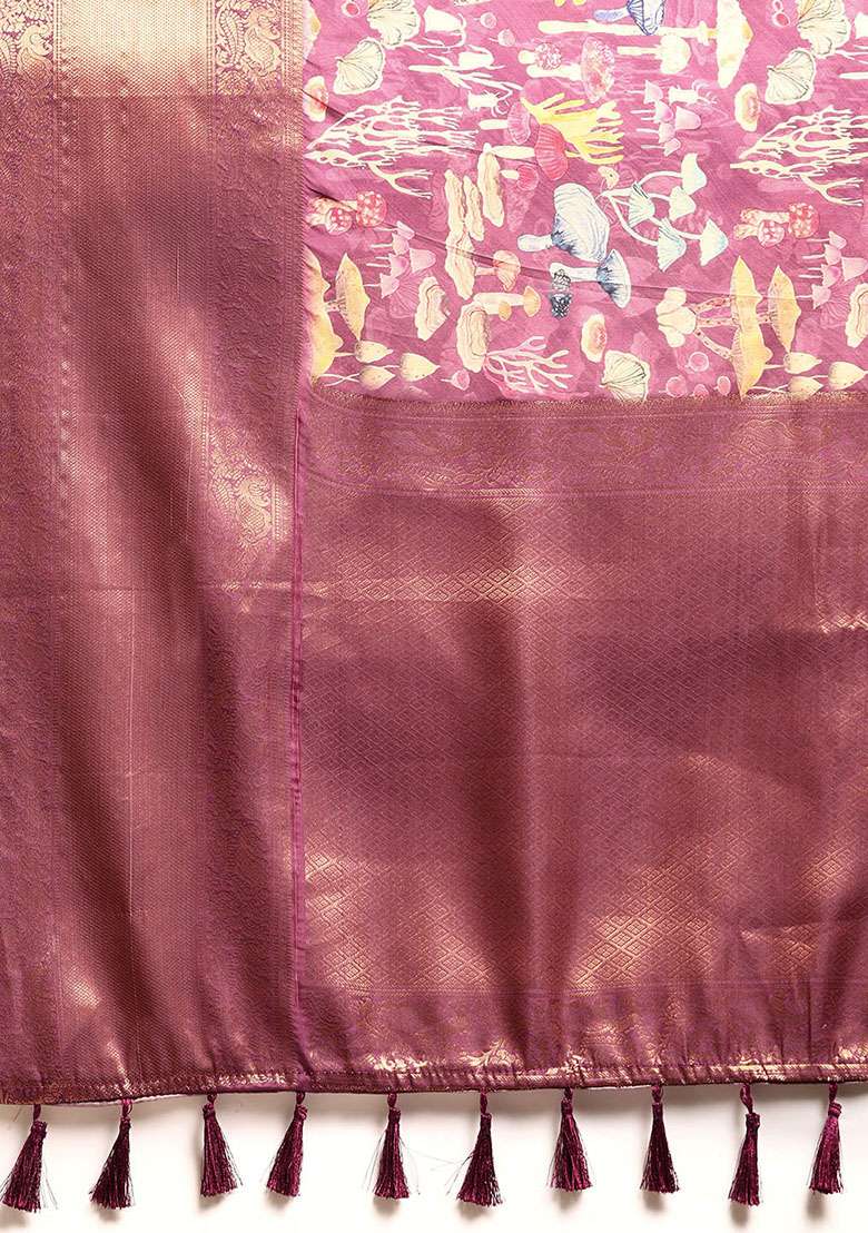 Purple Digital Print Kanchipuram Pattu Silk Blend Saree With Blouse - Indya