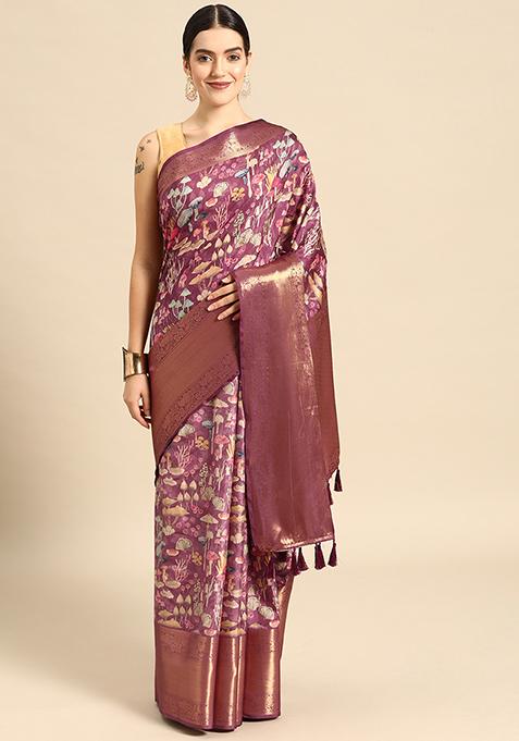 Purple Digital Print Kanchipuram Pattu Silk Saree With Blouse