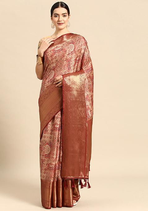 Maroon Digital Print Kanchipuram Pattu Silk Saree With Blouse