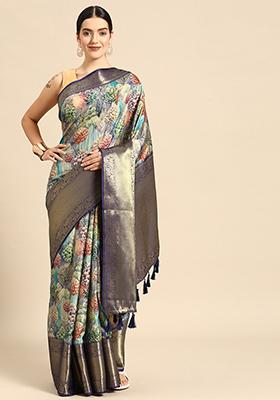 Blue Digital Print Kanchipuram Pattu Silk Saree With Blouse