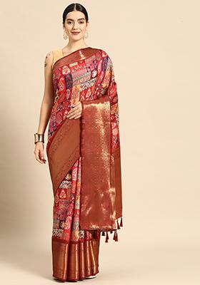 Multicolour Digital Print Kanchipuram Pattu Silk Saree With Blouse