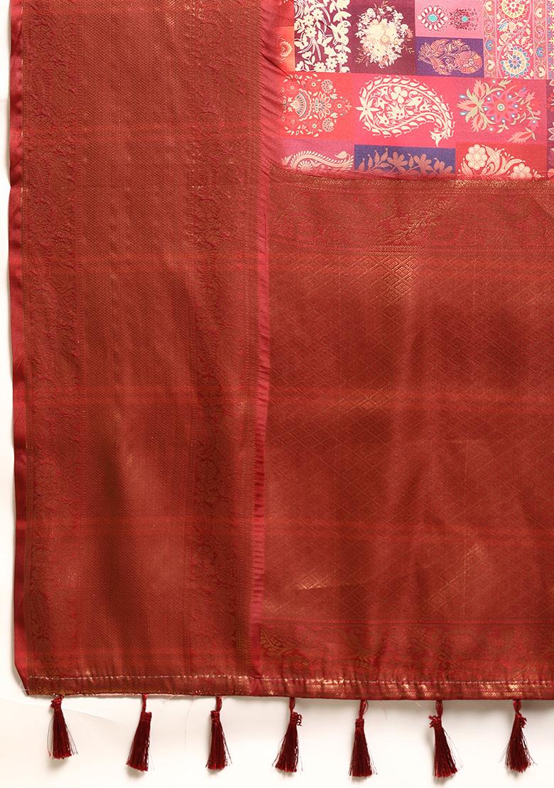 Multicolour Digital Print Kanchipuram Pattu Silk Saree With Blouse - Indya