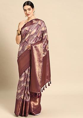 Beige Zari Work Kanchipuram Pattu Silk Saree With Blouse