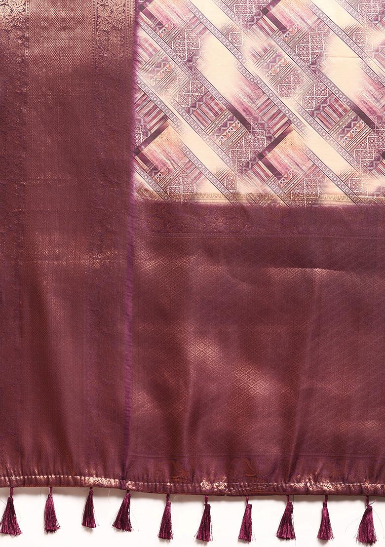 Beige Zari Work Kanchipuram Pattu Silk Saree With Blouse - Indya