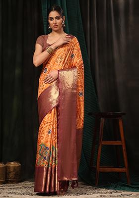 Orange Kalamkari Digital Print Banarasi Soft Silk Bandhani Saree With Blouse