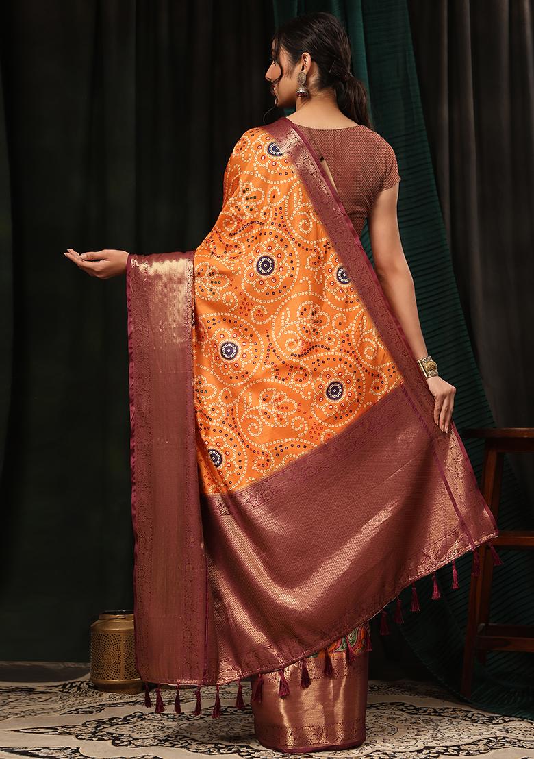 Orange Kalamkari Digital Print Banarasi Soft Silk Bandhani Saree With Blouse - Indya