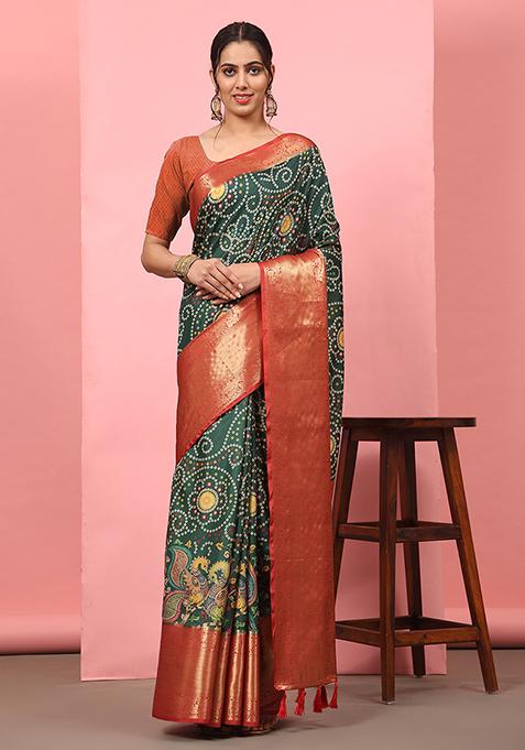 Green Kalamkari Digital Print Banarasi Soft Silk Bandhani Saree With Blouse
