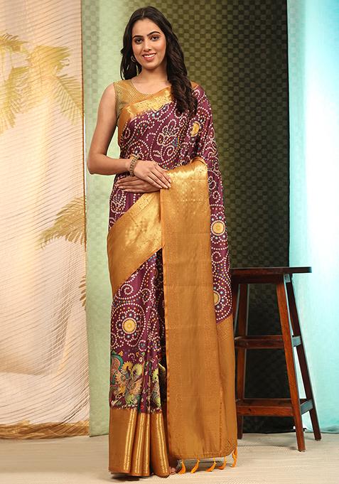 Purple Kalamkari Digital Print Banarasi Soft Silk Bandhani Saree With Blouse