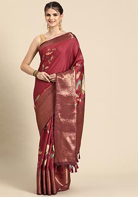 Red Floral Print Zari Border Kanchipuram Pattu Silk Saree With Blouse