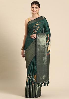 Green Floral Print Zari Border Kanchipuram Pattu Silk Saree With Blouse