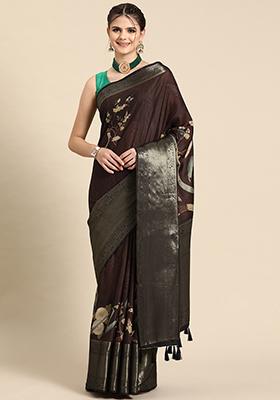 Brown Floral Print Zari Border Kanchipuram Pattu Silk Saree With Blouse