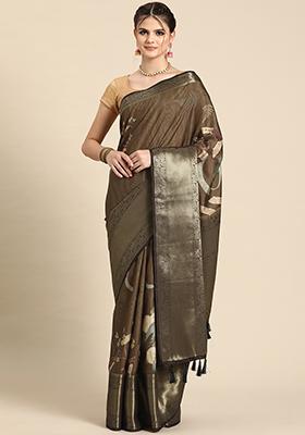 Multicolour Floral Print Zari Border Kanchipuram Pattu Silk Saree With Blouse