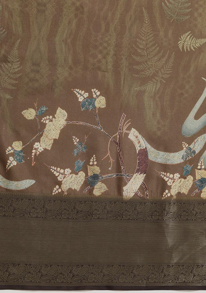 Multicolour Floral Print Zari Border Kanchipuram Pattu Silk Saree With Blouse - Indya