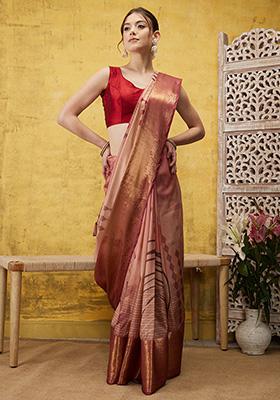 Peach Digital Print Zari Work Banarasi Tussar Silk Saree With Blouse