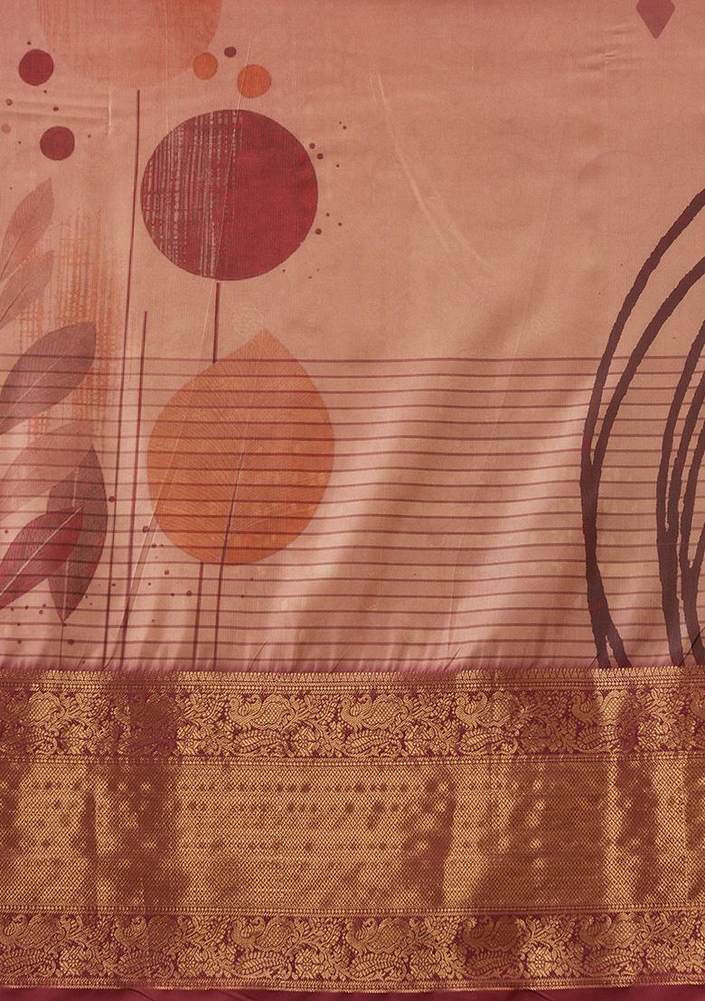Peach Digital Print Zari Work Banarasi Tussar Silk Saree With Blouse - Indya
