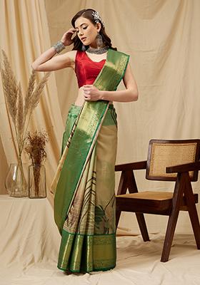 Multicolour Digital Print Zari Work Banarasi Tussar Silk Saree With Blouse