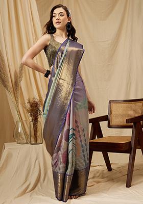 Multicolour Digital Print Zari Embroidered Banarasi Tussar Silk Saree With Blouse