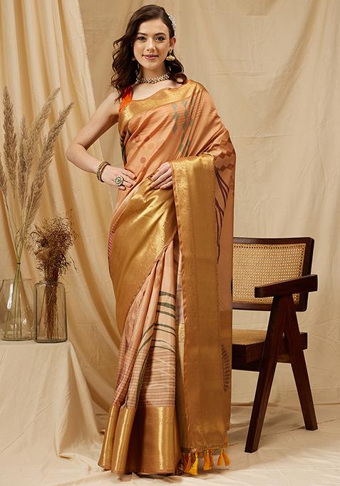 Multicolour Digital Printed Zari Work Banarasi Tussar Silk Saree With Blouse