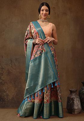 Multicolour Digital Print Zari Work Kanjivaram Silk Saree With Blouse