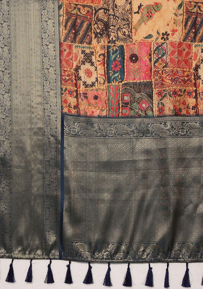 Multicolour Digital Print Zari Woven Kanjivaram Silk Saree With Blouse - Indya