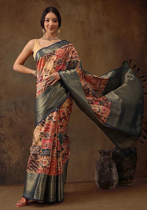Multicolour Digital Print Zari Woven Kanjivaram Silk Saree With Blouse