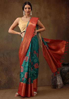 Teal Digital Print Zari Border Kanjivaram Silk Saree With Blouse