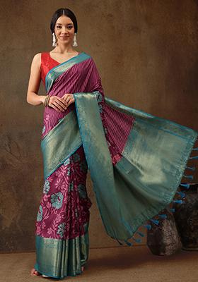 Pink Digital Print Zari Border Kanjivaram Silk Saree With Blouse