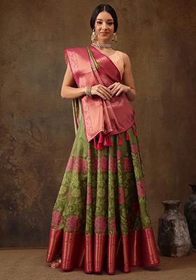 Olive Floral Print Zari Border Kanjivaram Silk Saree With Blouse