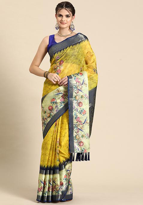 Mustard Digital Print Zari Border Kanjivaram Silk Saree With Blouse