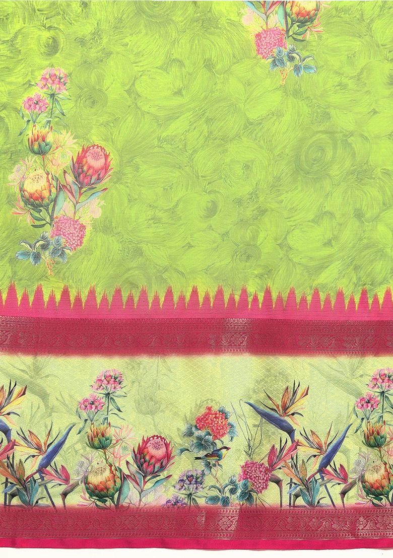 Green Digital Print Zari Work Kanjivaram Silk Saree With Blouse - Indya