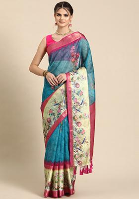 Teal Digital Print Zari Work Kanjivaram Silk Saree With Blouse