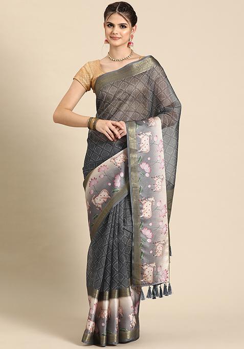 Grey Digital Print Zari Border Kanjivaram Silk Saree With Blouse