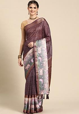 Wine Digital Print Zari Border Kanjivaram Silk Saree With Blouse