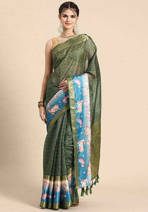 Green Digital Print Zari Border Kanjivaram Silk Saree With Blouse