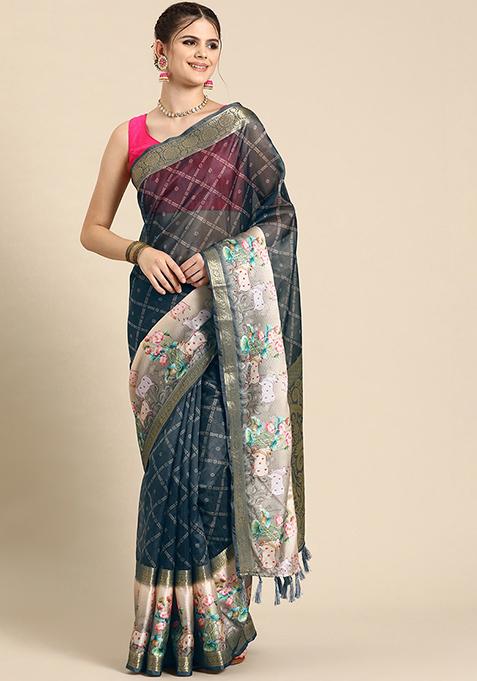 Grey Digital Printed Zari Work Kanjivaram Silk Saree With Blouse