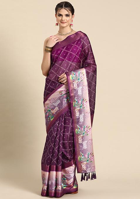 Purple Digital Print Zari Work Kanjivaram Silk Saree With Blouse