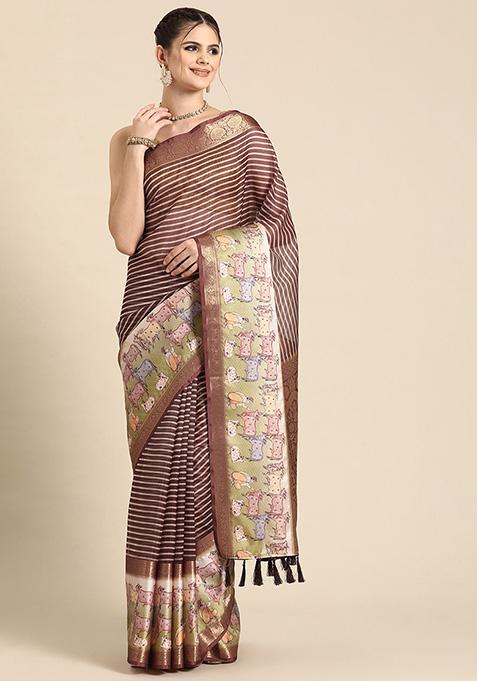 Maroon Digital Print Zari Woven Kanjivaram Silk Pichwai Saree With Blouse