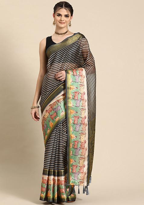 Grey Digital Print Zari Woven Kanjivaram Silk Pichwai Saree With Blouse