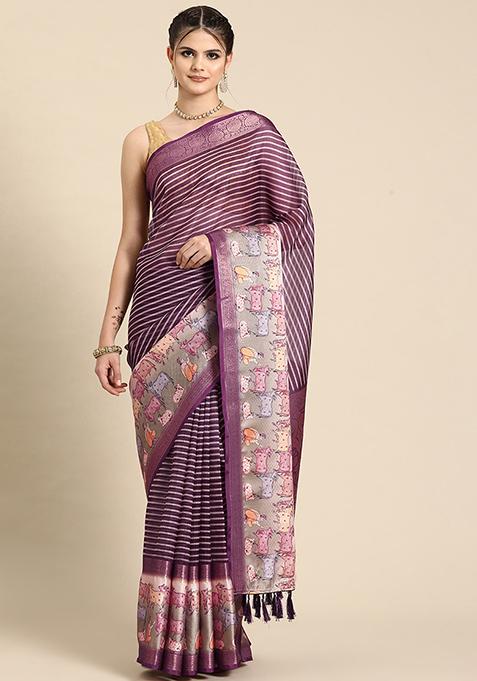 Purple Digital Print Zari Woven Kanjivaram Silk Pichwai Saree With Blouse