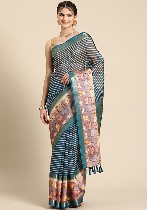 Teal Digital Print Zari Woven Kanjivaram Silk Pichwai Saree With Blouse