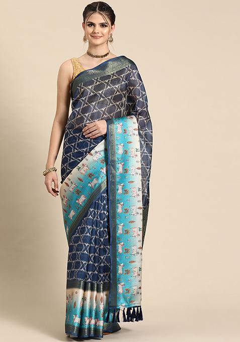 Blue Digital Print Zari Woven Kanjivaram Silk Pichwai Saree With Blouse