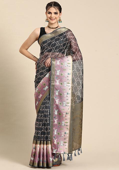 Grey Digital Print Zari Work Kanjivaram Silk Pichwai Saree With Blouse