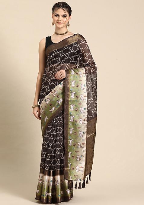 Brown Digital Print Zari Woven Kanjivaram Silk Pichwai Saree With Blouse