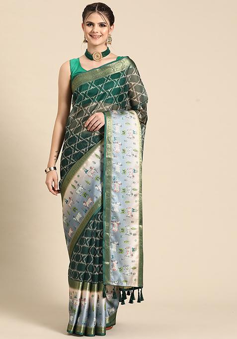 Green Digital Print Zari Woven Kanjivaram Silk Pichwai Saree With Blouse