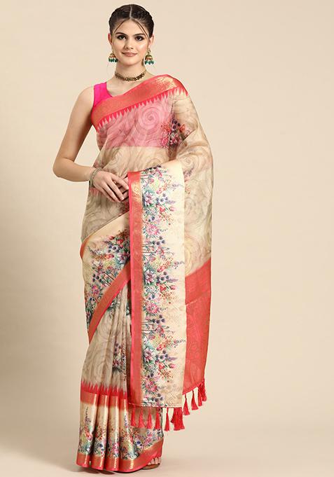 Peach Floral Print Zari Woven Kanjivaram Silk Saree With Blouse