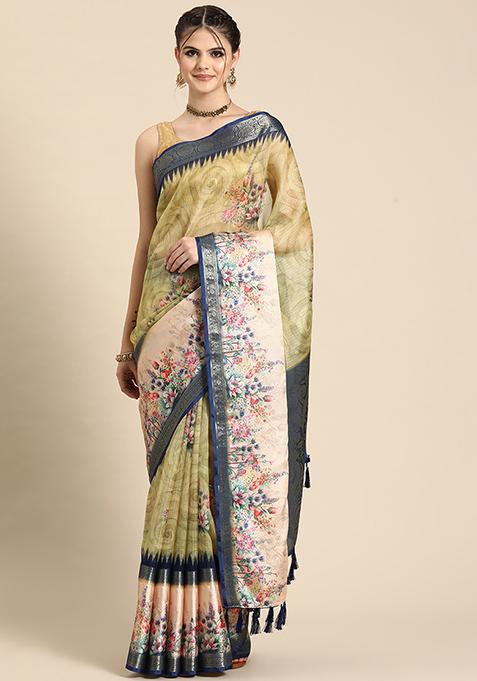 Olive Floral Print Zari Woven Kanjivaram Silk Saree With Blouse